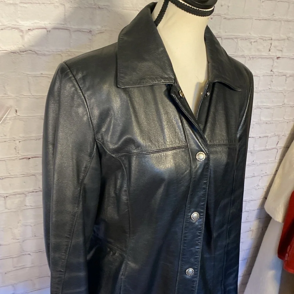 Danier Leather Black Vintage Snap Button Long Moto Blazer Jacket Size M - Picture 4 of 17